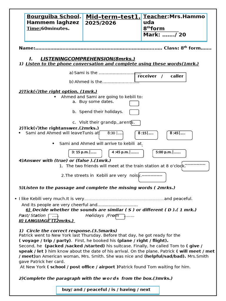 8th Form Mid 1st Term Test 1 | PDF