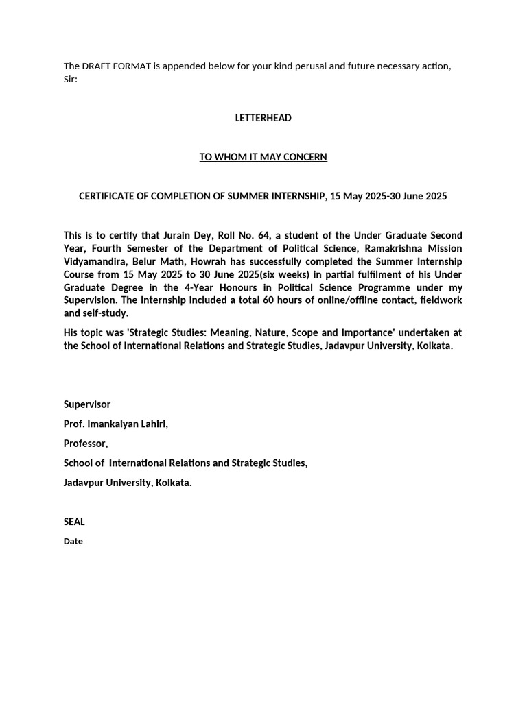 Jurain DRAFT of Internship Completion Certificate | PDF