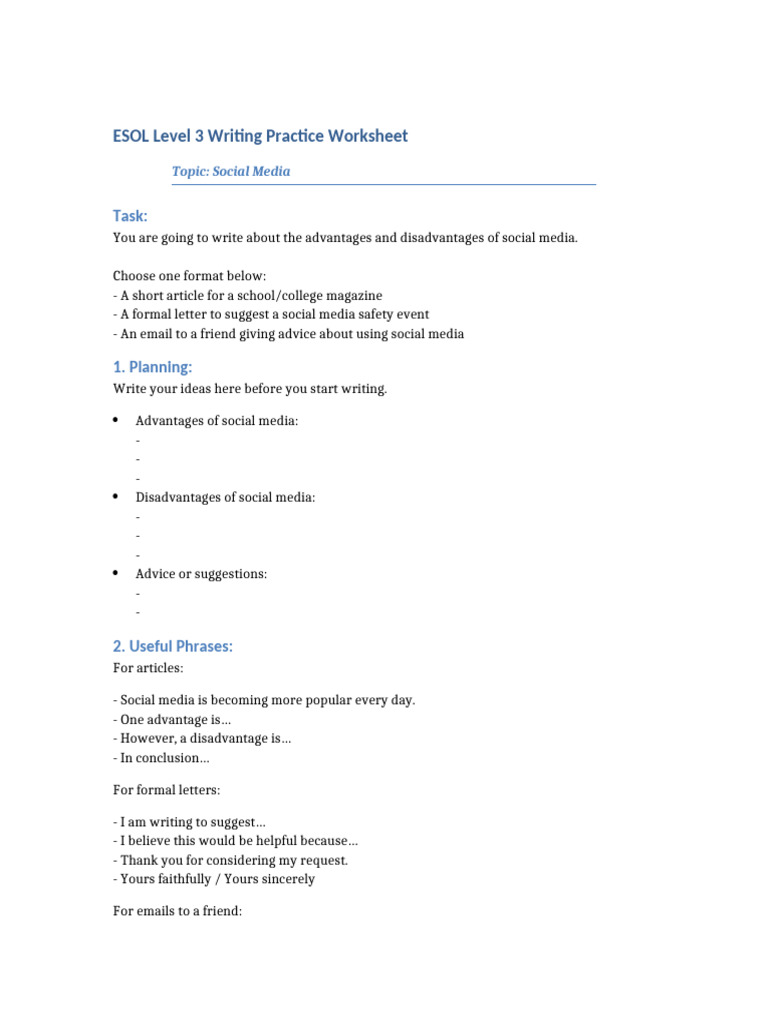 ESOL Level 3 Social Media Writing Guide | PDF