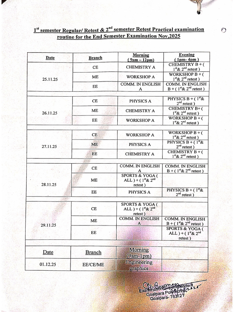 1st Sem Practical Exam Schedule | PDF
