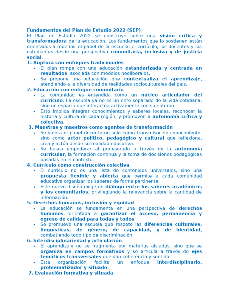 Fundamentos del Plan de Estudio 2022 SEP | PDF | Plan de estudios ...