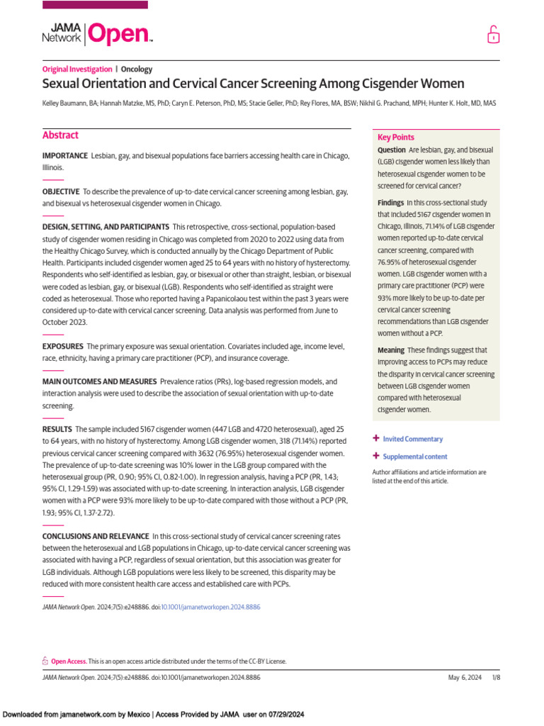Sexual Orientation and Cervical Cancer Screening Among Cisgender Women ...