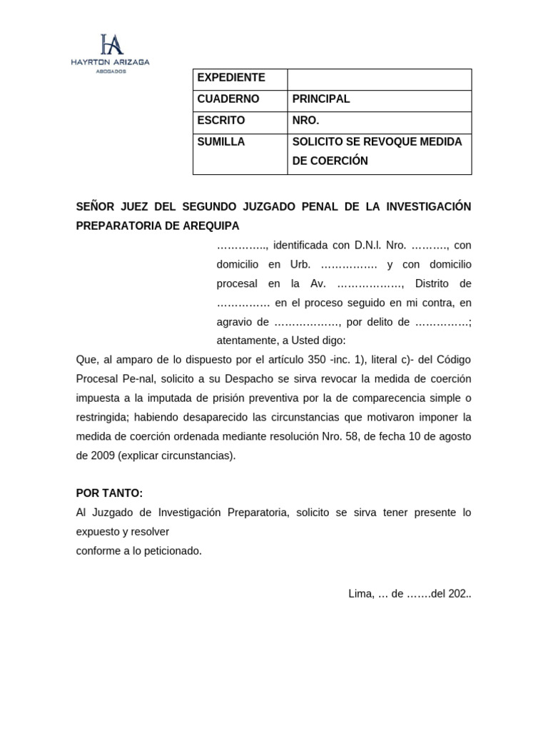 Modelo Donde Solicito Se Revoque Medida de Coerción | PDF