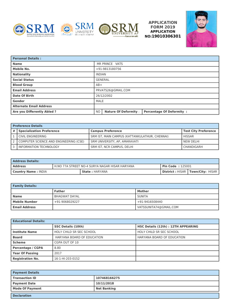 SRM University 2019 Application Form | PDF
