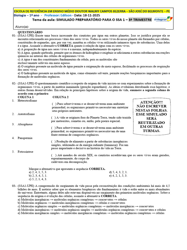 Simulado Ssa 1 - Novembro 2025 - SEM GABARITO - PRONTO | PDF ...