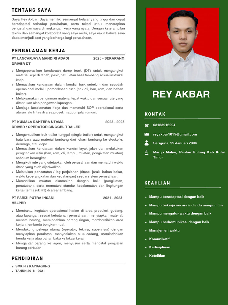 Rey Akbar: Profil Driver Berpengalaman | PDF