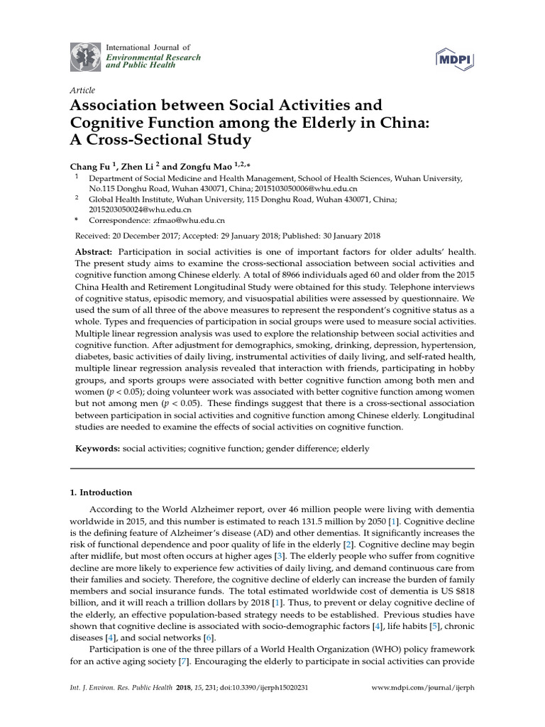 Social Activities and Cognitive Health in Elderly | PDF | Behavioural ...
