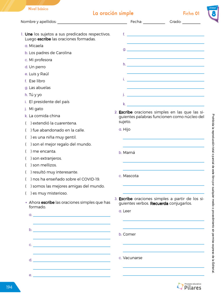 Ejercicios de oraciones simples para estudiantes | PDF