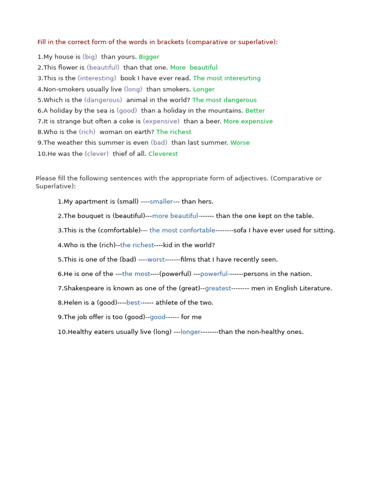 Comparative and Superlative Adjectives Exercise | PDF
