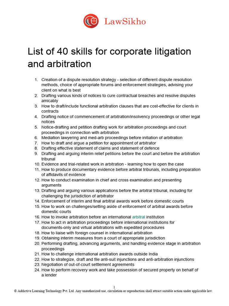 List of 40 Skills For Corporate Litigation and Arbitration | PDF ...