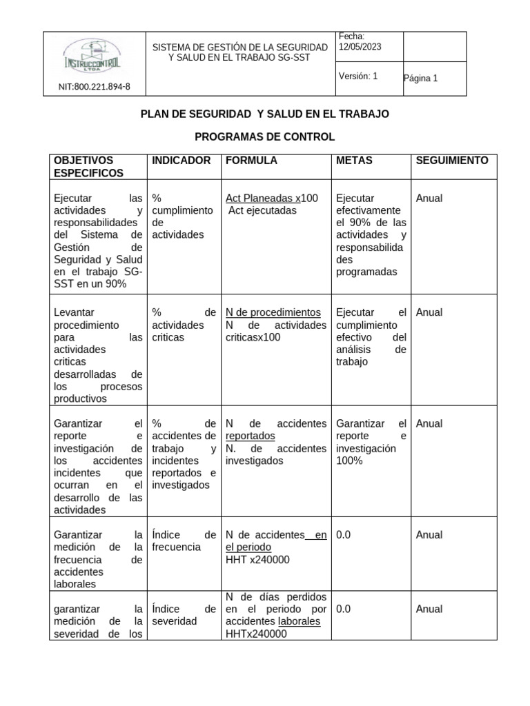 Plan de Seguridad y Salud Laboral SG-SST | PDF