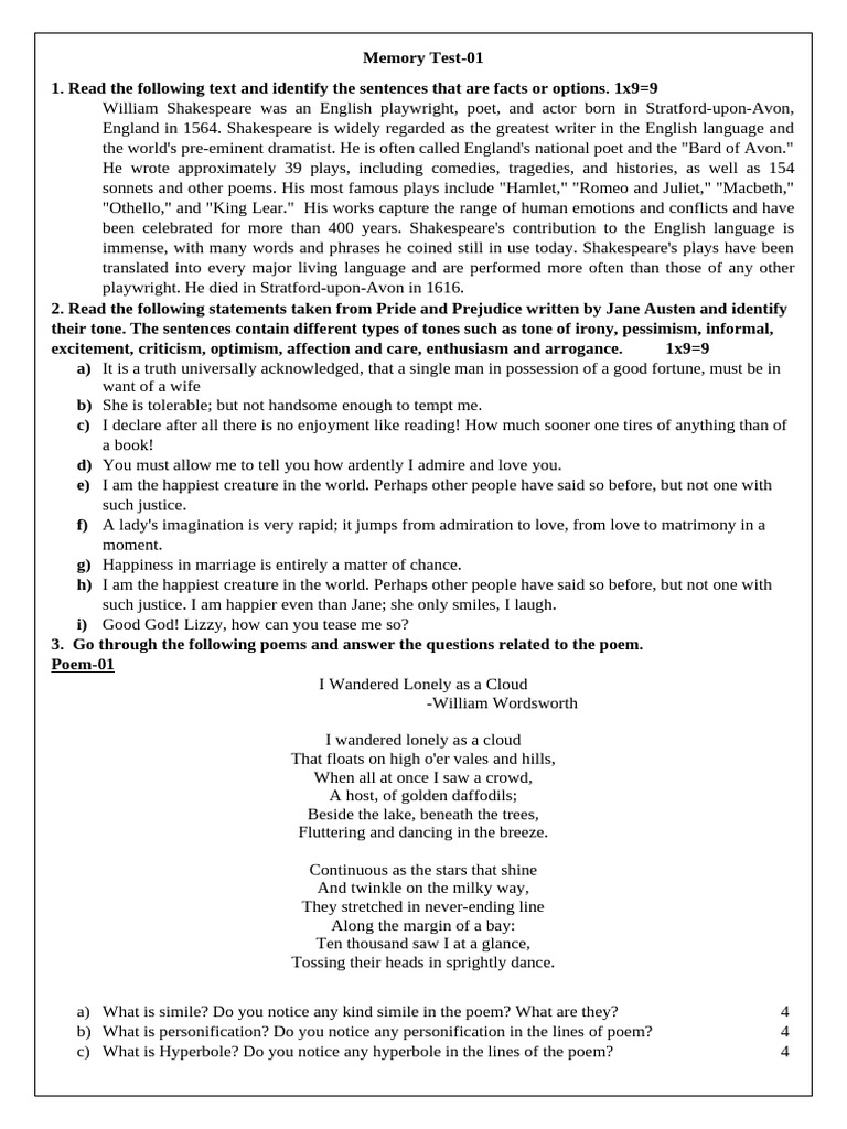 Literature Analysis and Memory Test Guide | PDF | William Shakespeare ...