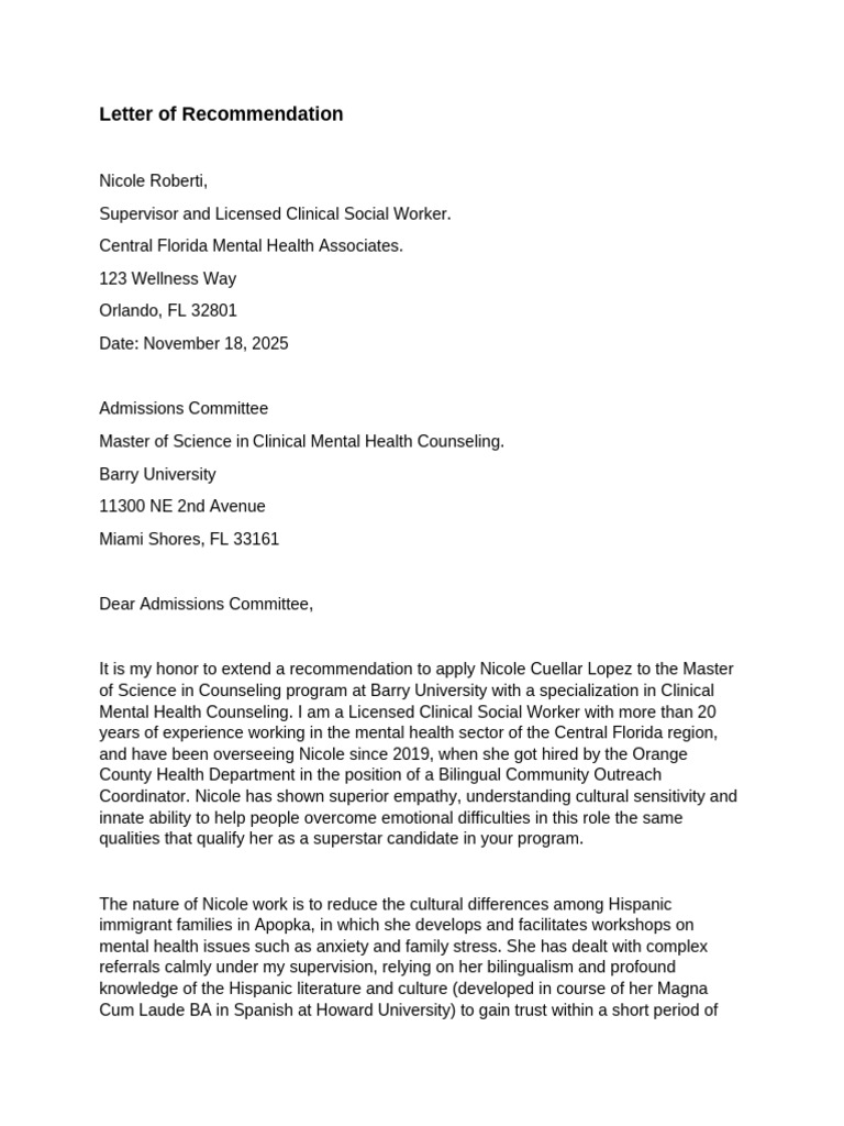 Nicole's Letter of Recommendation 1 | PDF | Mental Health | Social Work