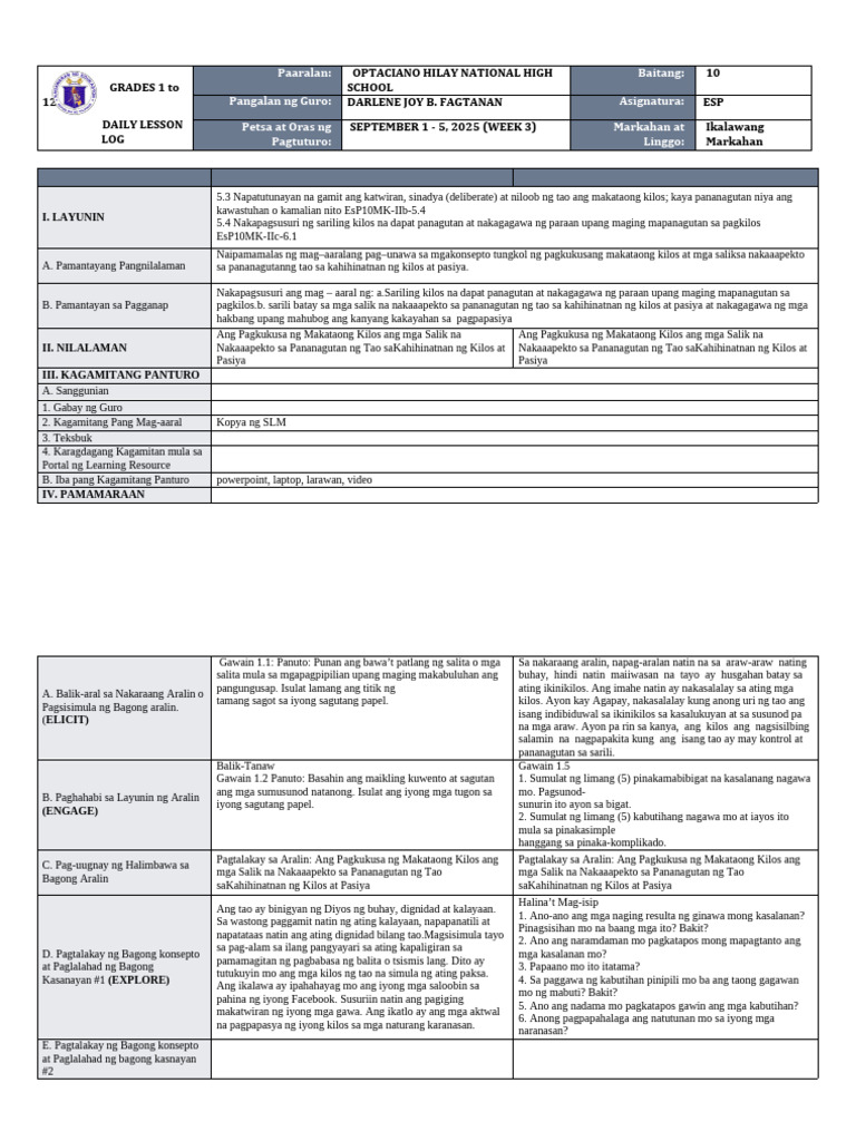 September 1 - 5, 2025 Esp q2 Week 3 | PDF