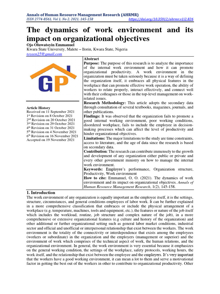 Impact of Work Environment on Productivity | PDF | Job Satisfaction ...