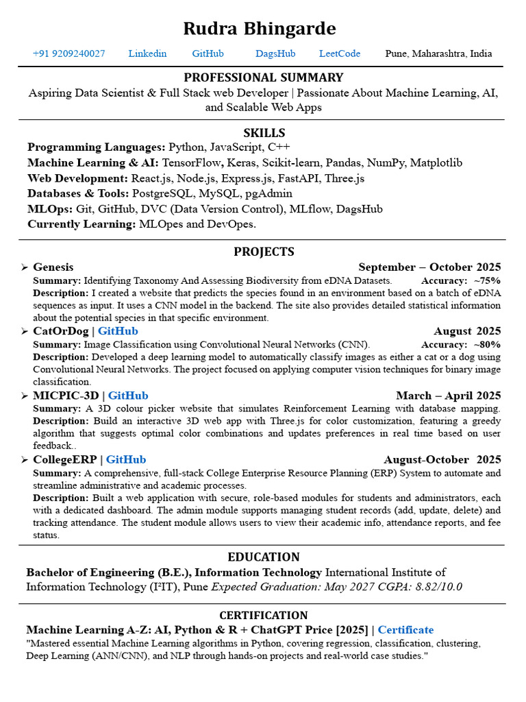 Rudra Bhingarde Resume 14112025 (HF) | PDF | Machine Learning | Deep ...
