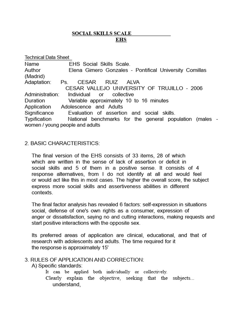 EHS Social Skills Scale Overview | PDF | Validity (Statistics) | Anger