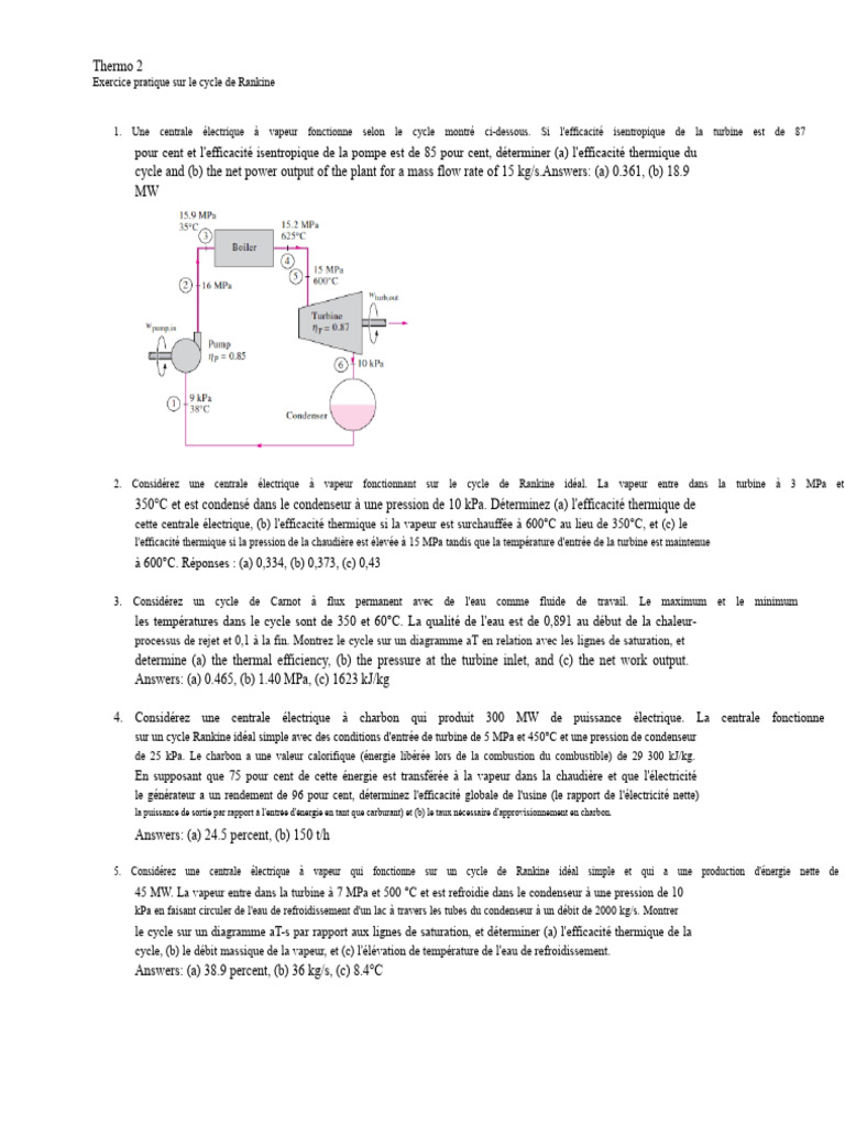 Exercice sur le cycle de Rankine et thermodynamique | PDF | Centrale ...