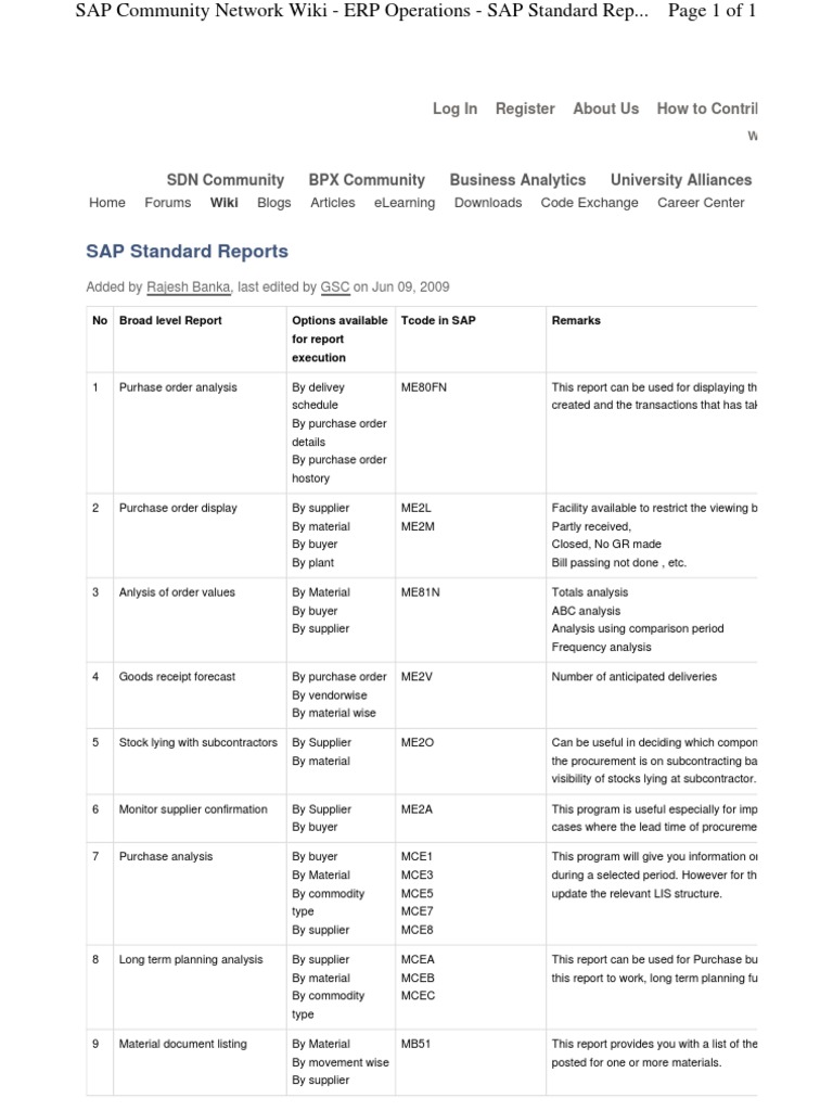 SAP Standard Reports Overview | PDF | Computers