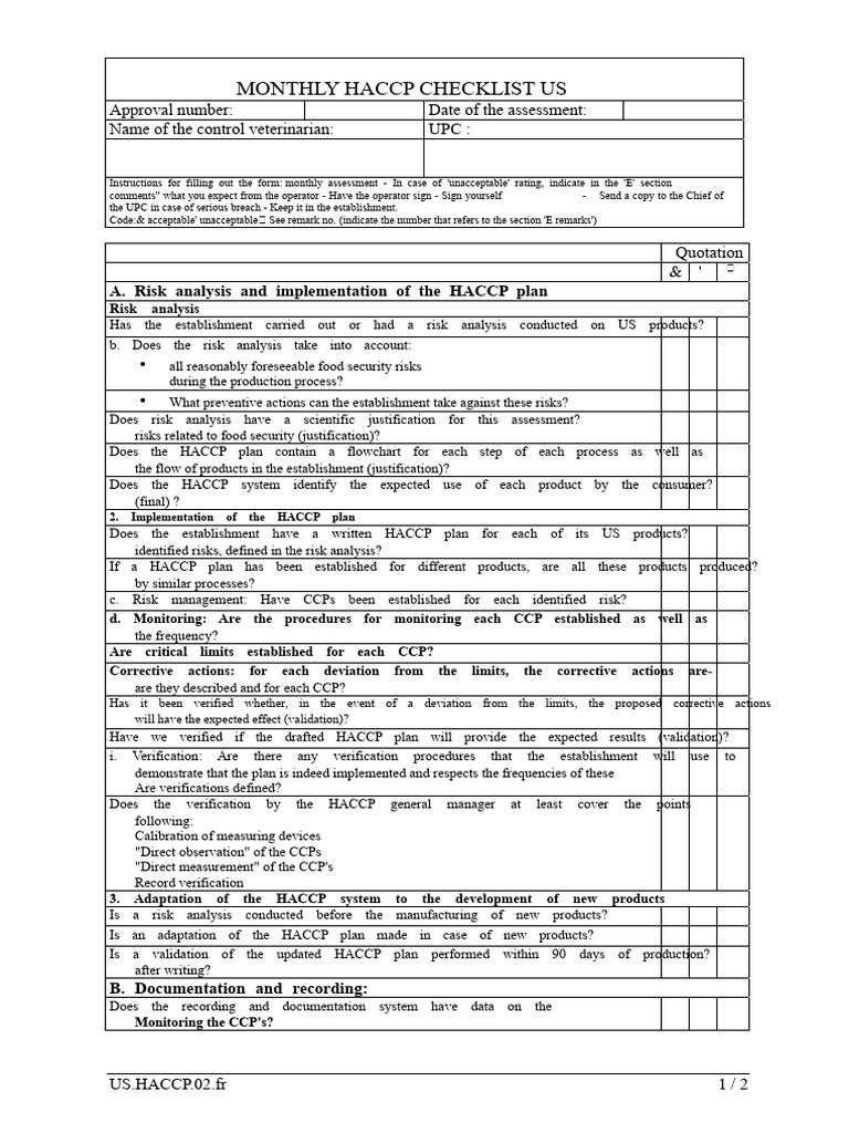 Monthly HACCP Compliance Checklist | PDF | Verification And Validation ...