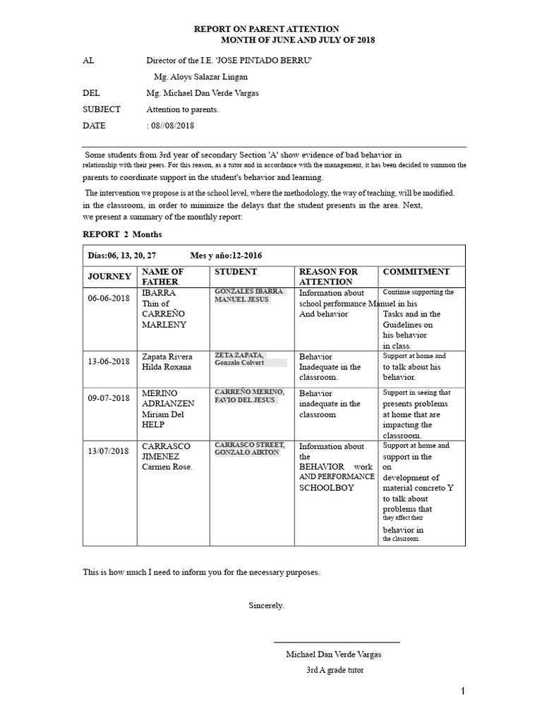 Parent Attention Report: June-July 2018 | PDF | Learning | Behavior ...