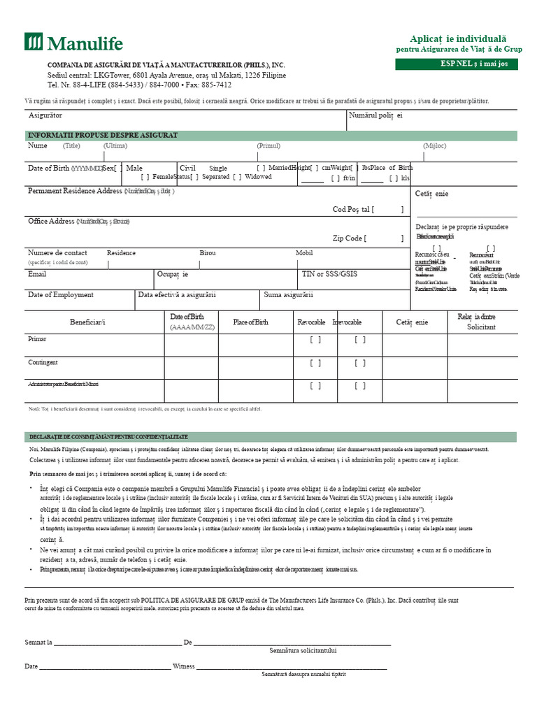 Formular de Aplicare Individuală Manulife | PDF