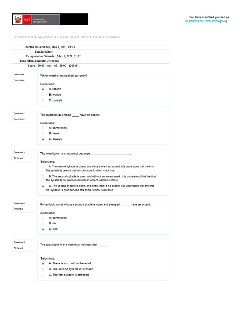 Shipibo-Konibo Unit 5 Questionnaire | PDF | Stress (Linguistics) | Syllable