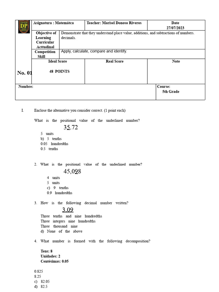 5th Grade Math: Decimals & Operations | PDF | Numbers | Decimal