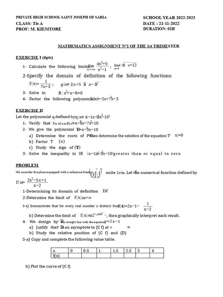 MATHS ASSIGNMENT N°1 For 12th Grade A of The First Term 2022-2023 | PDF ...