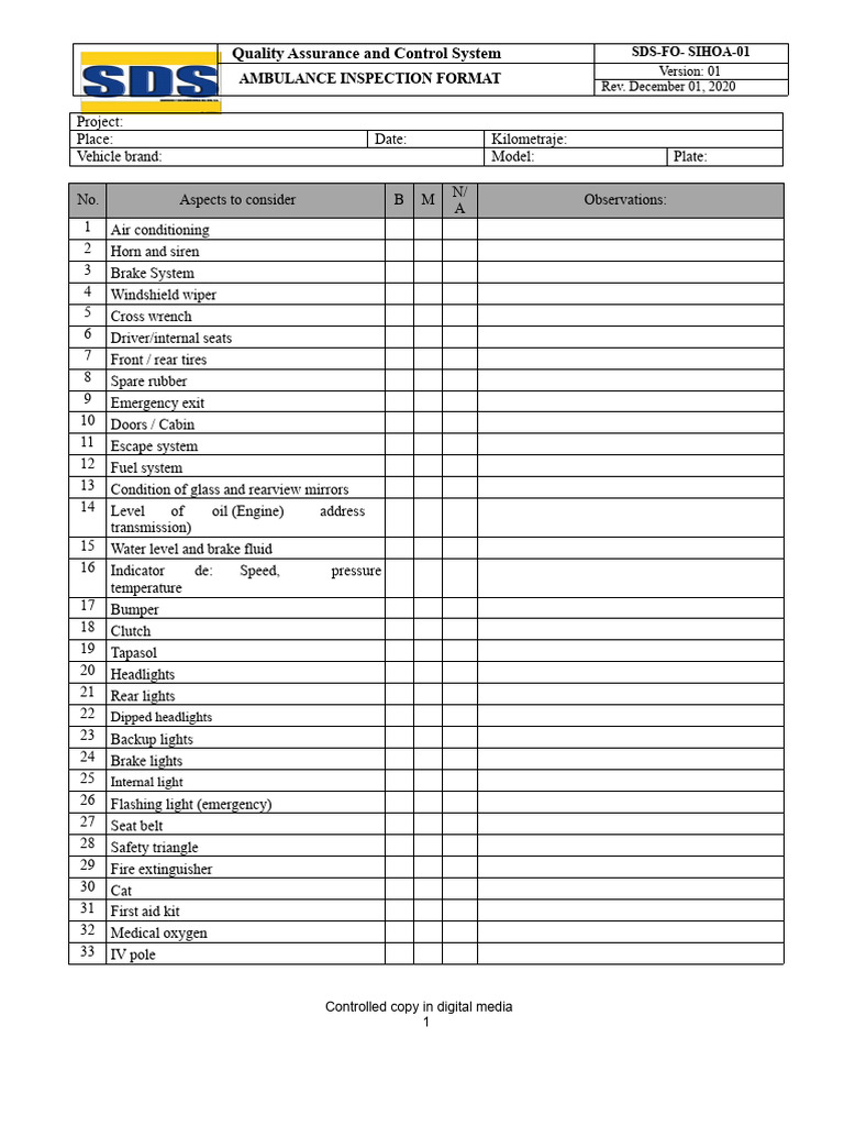 Ambulance Inspection Checklist Template | PDF