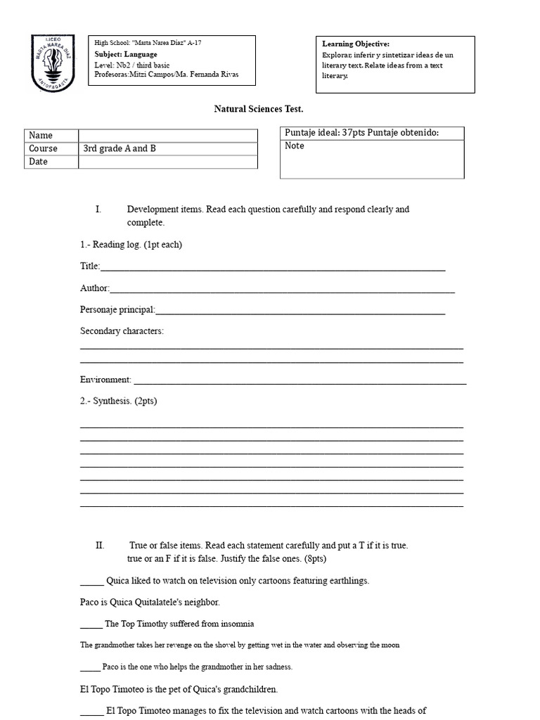 Reading Comprehension Test Book Topo Timoteo and Quica | PDF | Multiple ...
