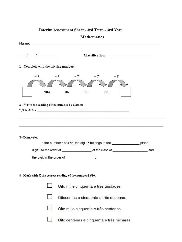 3rd Year Math Interim Assessment Sheet | PDF | Mathematics | Numbers