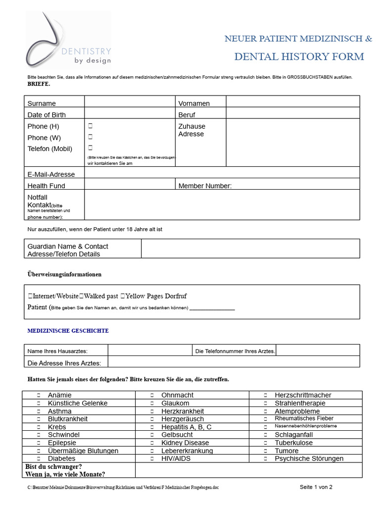 Medizinische Vorgeschichte Formular | PDF