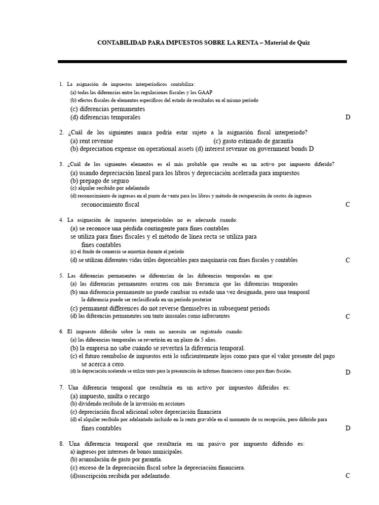 Contabilidad de Impuestos Sobre La Renta - Cuestionario | PDF ...