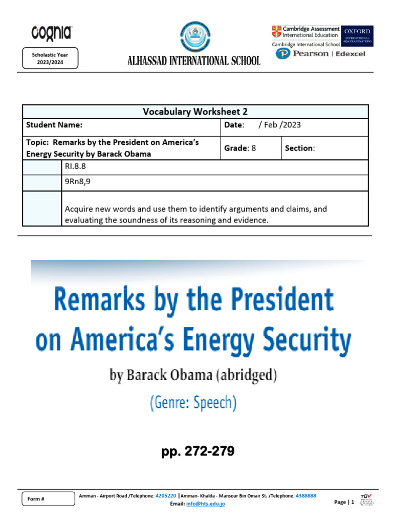 Answer Key- Vocabualry List Remarks by the President on America’s ...