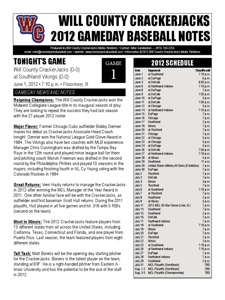 2012 Gameday Baseball Notes: Will County Crackerjacks | PDF | Major League Baseball | Major ...