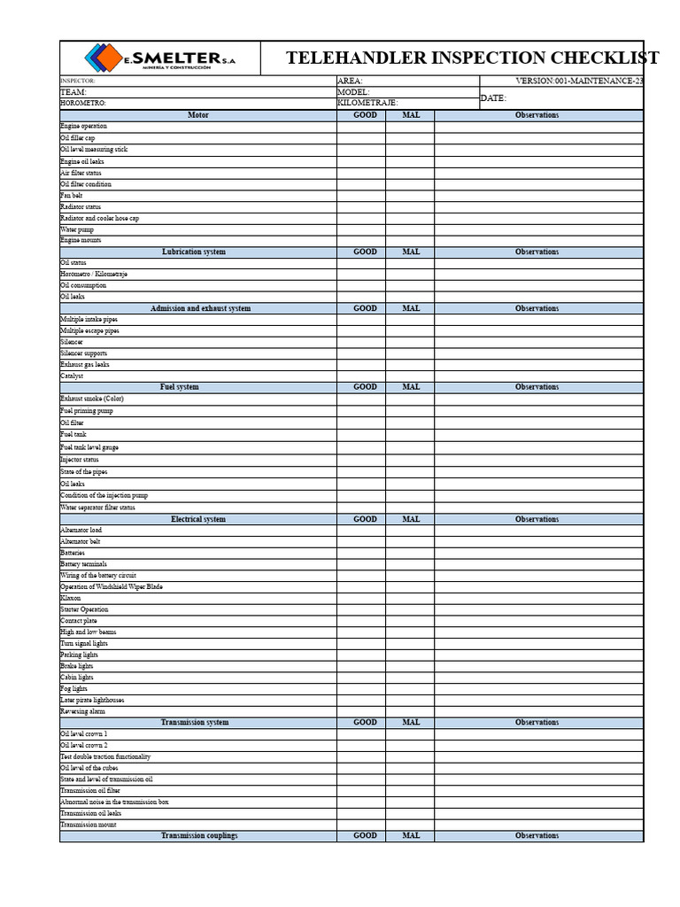 Telehandler Inspection Checklist Guide | PDF | Fuel Injection | Engines