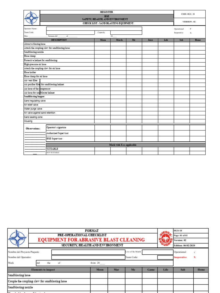 Sandblasting Equipment Safety Checklist | PDF | Equipment | Industrial ...