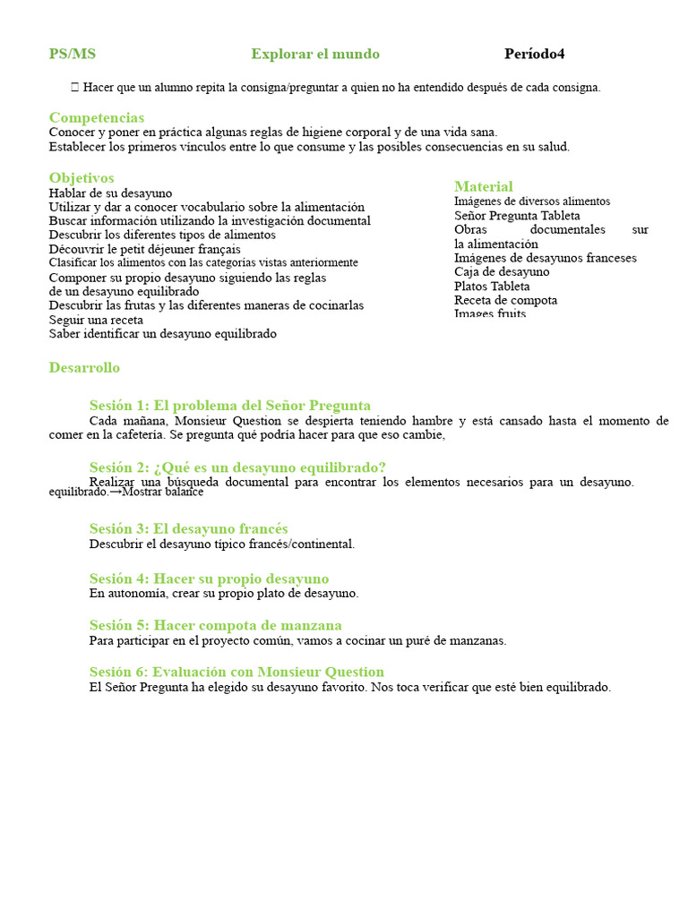 Secuencia Desayuno EM PS MS | PDF