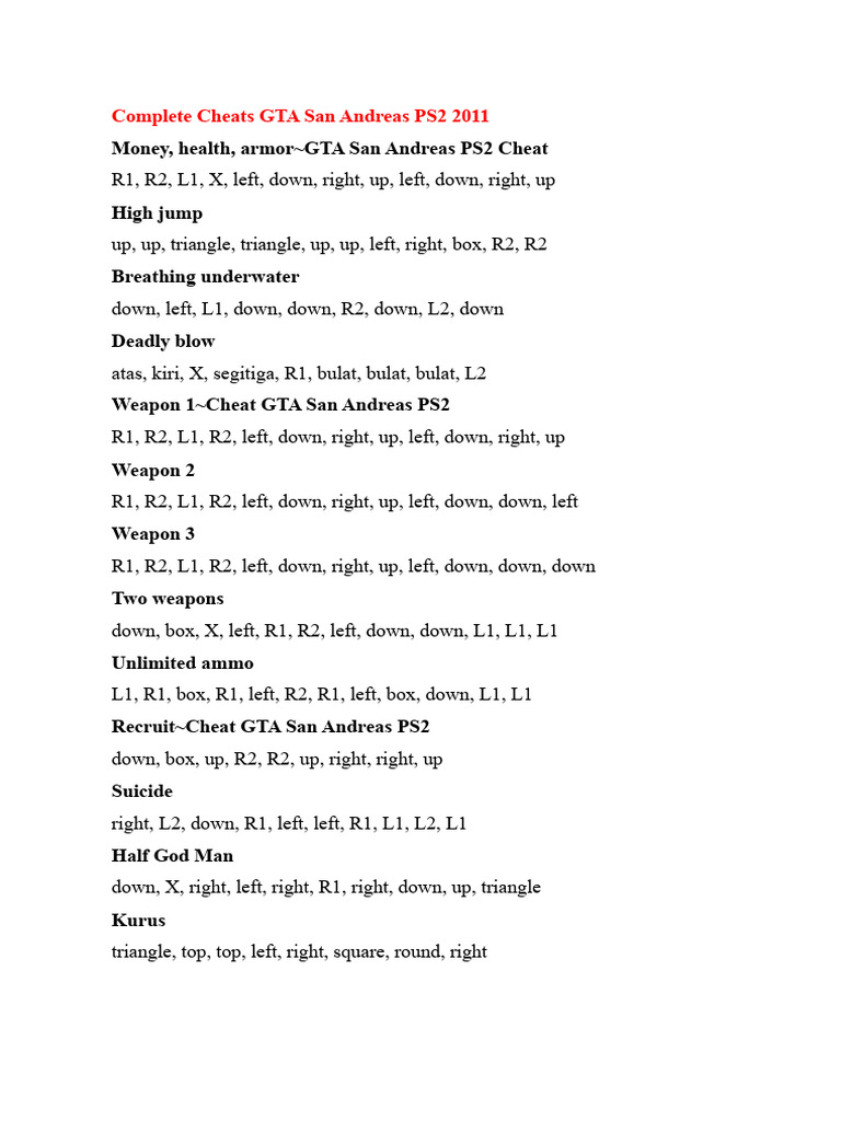 GTA San Andreas PS2 Cheat Codes Guide | PDF