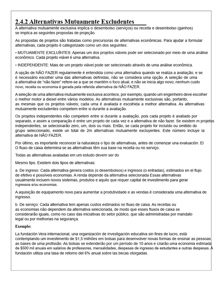 Alternativas Mutuamente Excludentes em Projetos | PDF | Economia ...