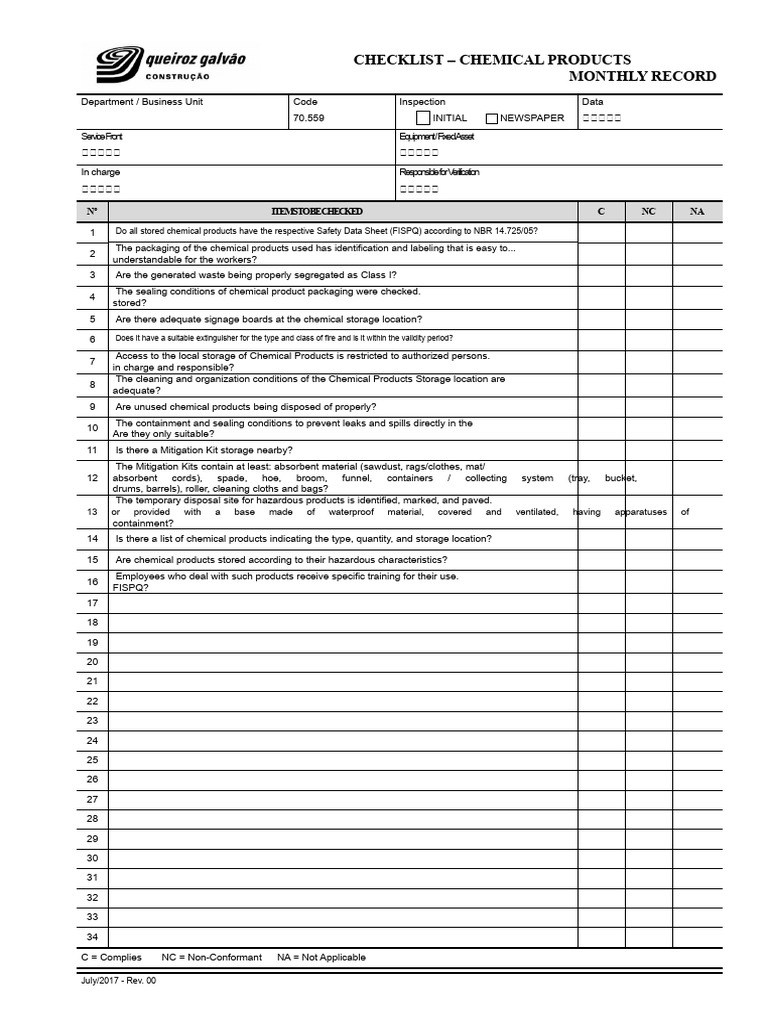 Monthly Chemical Products Checklist | PDF | Pollution | Occupational ...