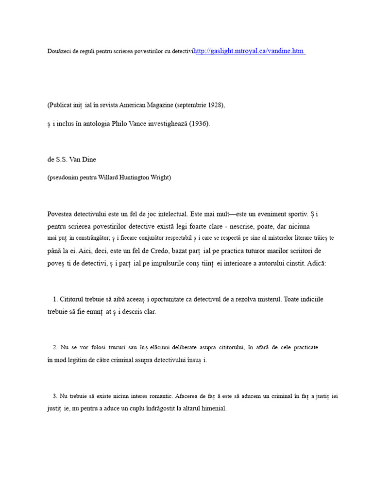Douăzeci de Reguli Pentru Scrierea Povestirilor Detective. | PDF