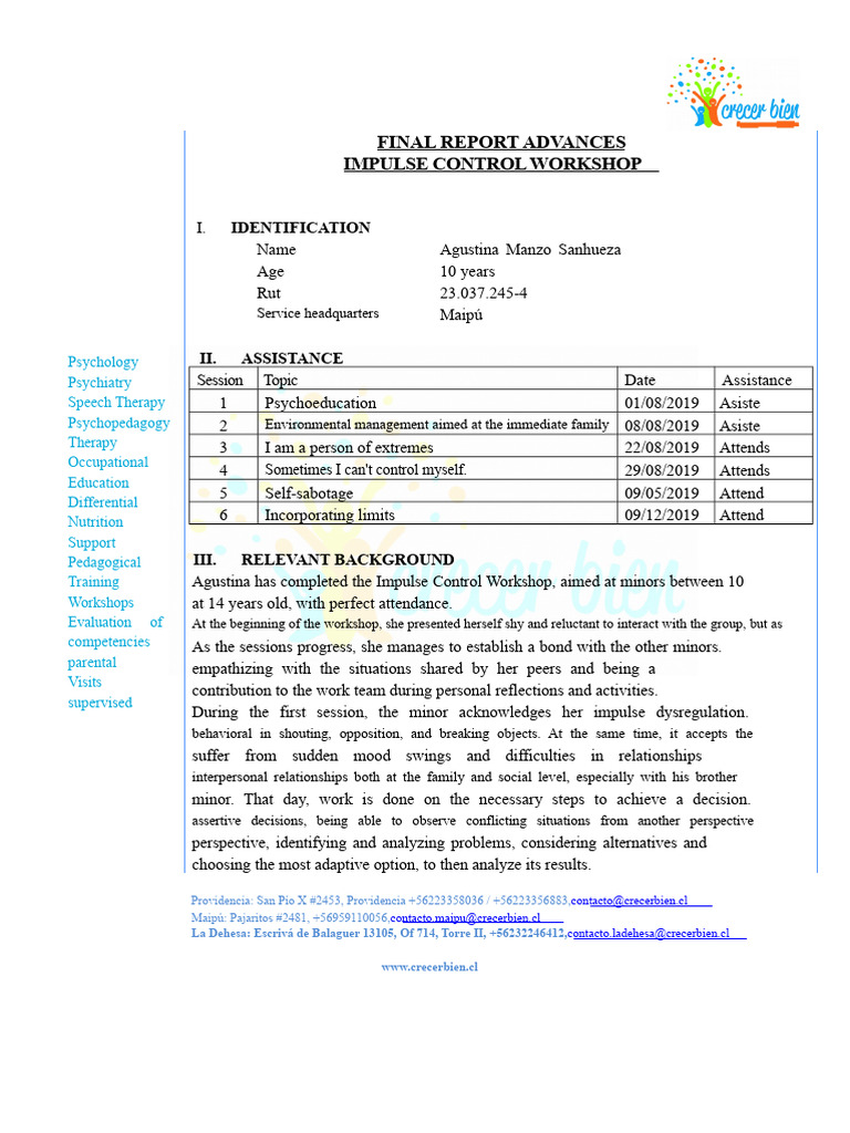 Impulse Control Workshop Report for Agustina | PDF | Decision Making ...