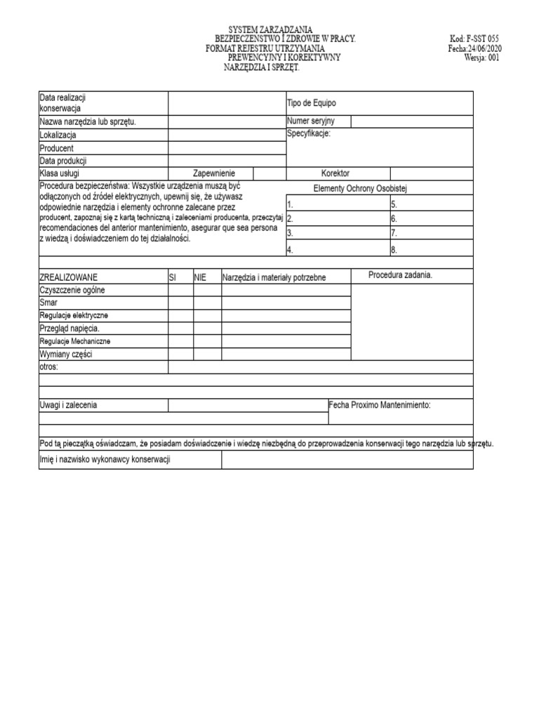 F-SST 055 Format Rejestru Utrzymania | PDF