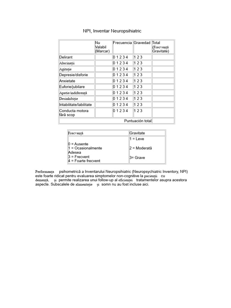 NPI, Inventar Neuropsihiatric: (Frecvență | PDF