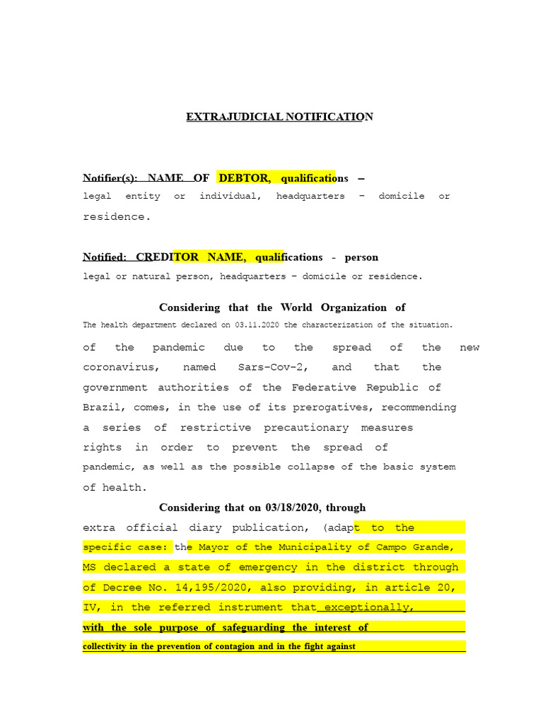 MODEL - EXTRAJUDICIAL NOTIFICATION - Art. 916 CPC | PDF | Private Law ...