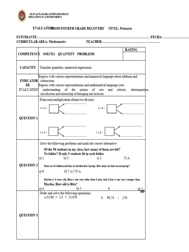Recovery Assessment 4th Grade | PDF | Mathematics | Subject (Grammar)