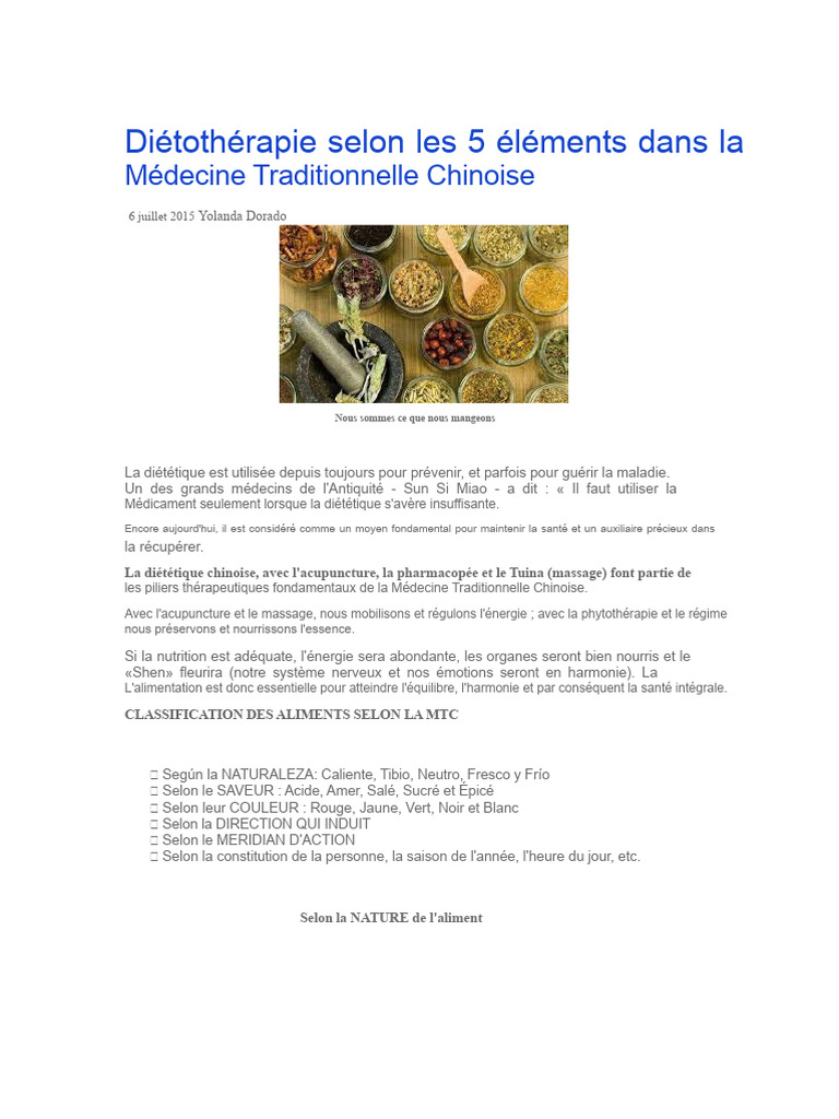 Diétothérapie MTC : 5 éléments alimentaires | PDF | Médecine ...