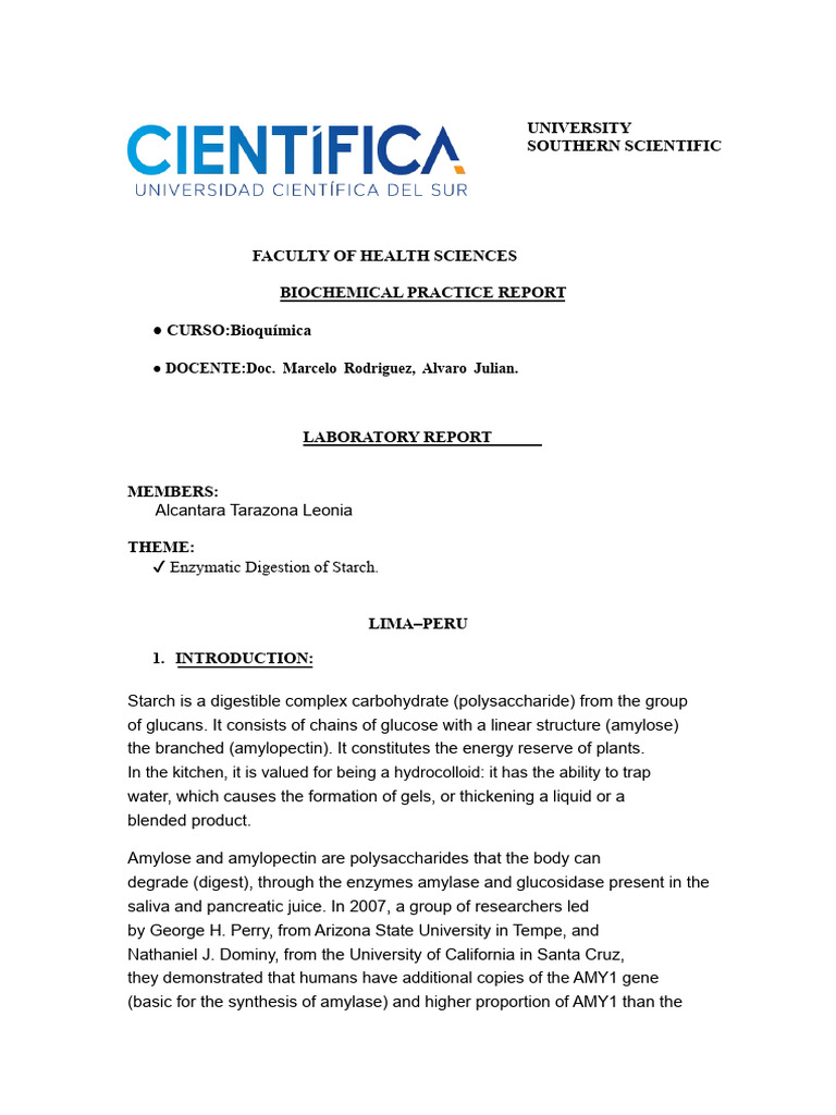 Biochemistry Report | PDF | Starch | Enzyme